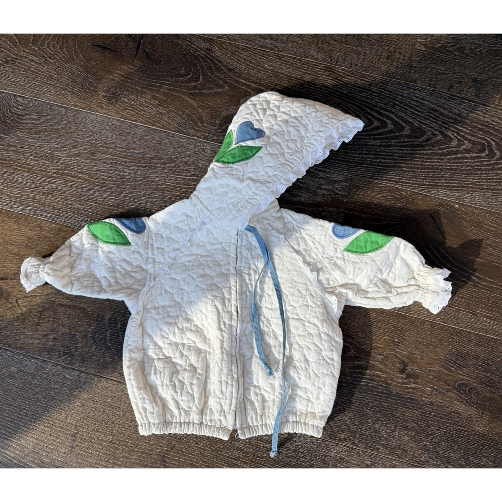 VTG Handmade Toddler Quilted Hooded Jacket Tulips Eyelet Lace 9-12 Mos Baby